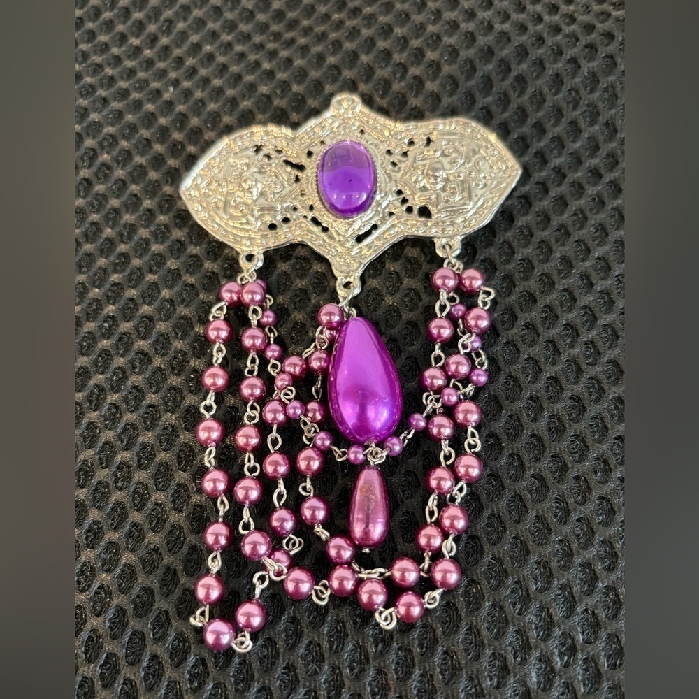 Goth Style Ornate Purple and Pink Gemstone Brooch with Filigree Design